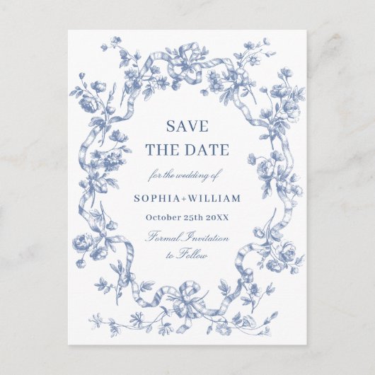Victoriaans Grace Floral Blue Save the Date Briefkaart (Voorkant)