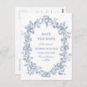 Victoriaans  Grace Floral Blue Save the Date Briefkaart (Voorkant / Achterkant)