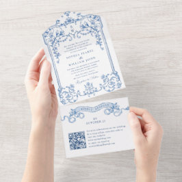 Victoriaans  Grace Floral Blue Wedding QR-code All In One Uitnodiging