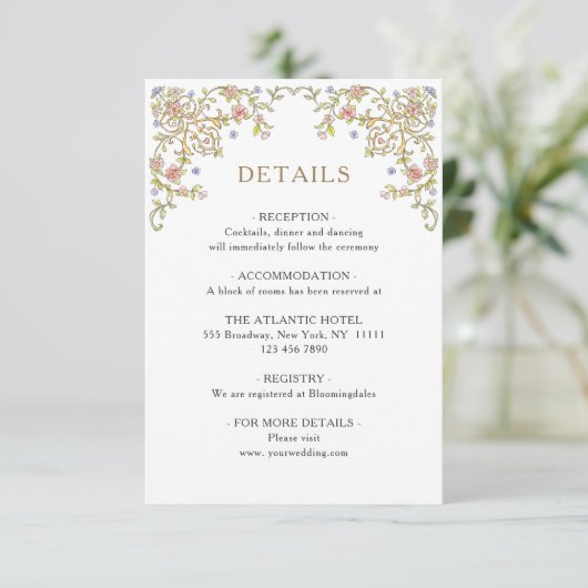 Victoriaans  Grace Floral bruiloft Details Informatiekaartje (Staand voorkant)