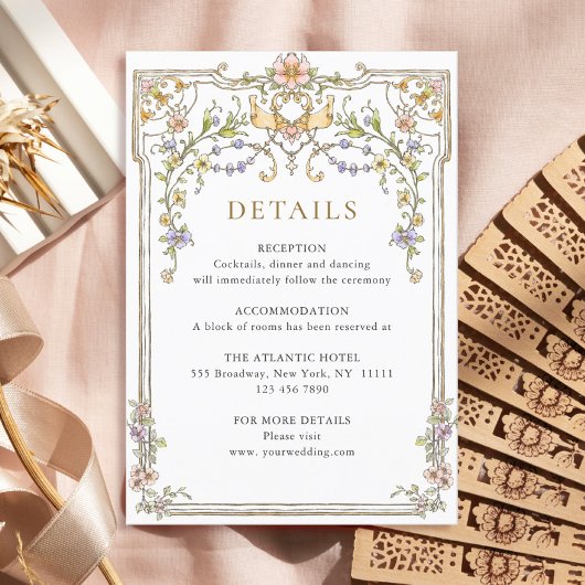 Victoriaans  Grace Floral bruiloft Details Informatiekaartje