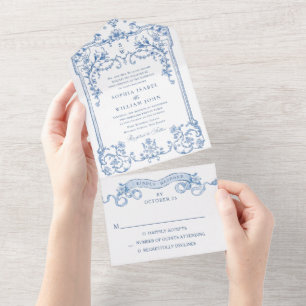 Victoriaans  Grace Floral Dusty Blue Wedding All In One Uitnodiging