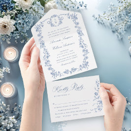 Victoriaans Grace Floral Dusty Blue Wedding All In One Uitnodiging