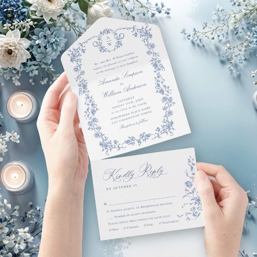 Victoriaans  Grace Floral Dusty Blue Wedding All In One Uitnodiging