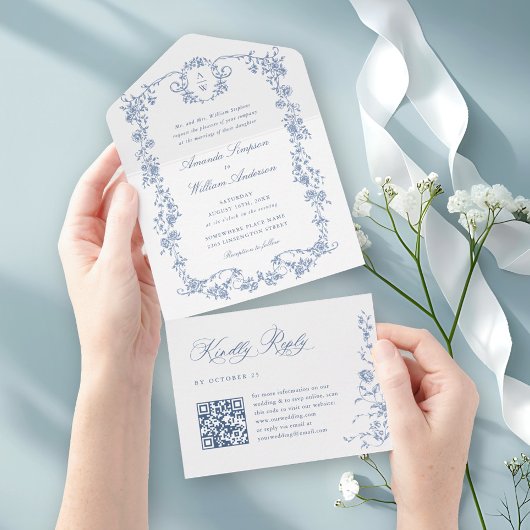 Victoriaans  Grace Floral Dusty Blue Wedding All In One Uitnodiging