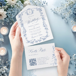 Victoriaans Grace Floral Dusty Blue Wedding All In One Uitnodiging
