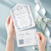 Victoriaans  Grace Floral Dusty Blue Wedding All In One Uitnodiging