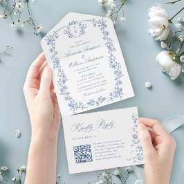 Victoriaans Grace Floral Dusty Blue Wedding All In One Uitnodiging