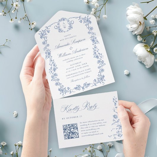 Victoriaans  Grace Floral Dusty Blue Wedding All In One Uitnodiging
