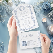Victoriaans  Grace Floral Dusty Blue Wedding All In One Uitnodiging