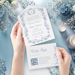 Victoriaans Grace Floral Dusty Blue Wedding All In One Uitnodiging