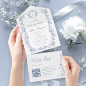 Victoriaans  Grace Floral Dusty Blue Wedding All In One Uitnodiging
