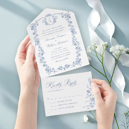 Victoriaans Grace Floral Dusty Blue Wedding All In One Uitnodiging