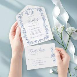 Victoriaans Grace Floral Dusty Blue Wedding All In One Uitnodiging