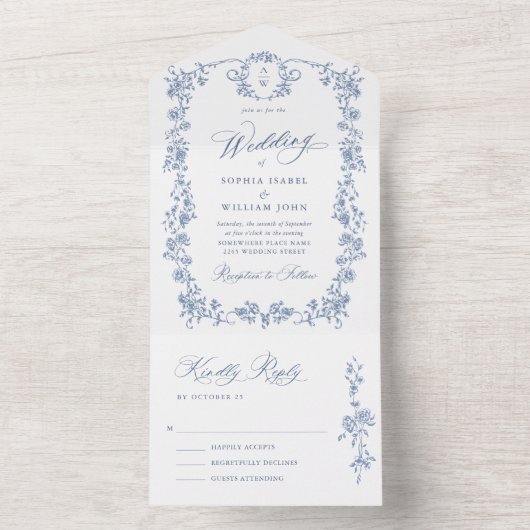 Victoriaans Grace Floral Dusty Blue Wedding All In One Uitnodiging (Binnen)