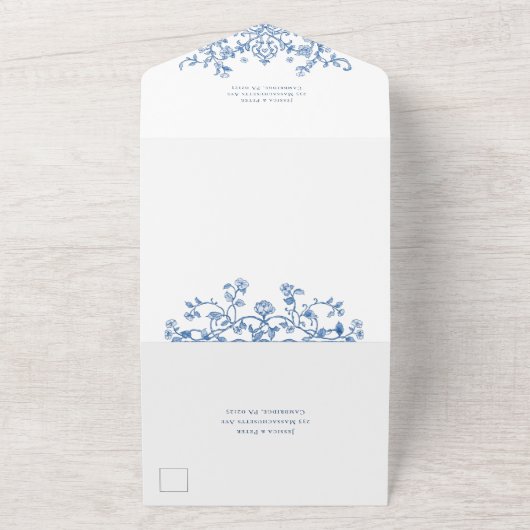 Victoriaans  Grace Floral Dusty Blue Wedding All In One Uitnodiging (Buitenkant)