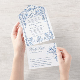 Victoriaans  Grace Floral Dusty Blue Wedding All In One Uitnodiging