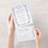 Victoriaans  Grace Floral Dusty Blue Wedding All In One Uitnodiging (Afscheurbaar)