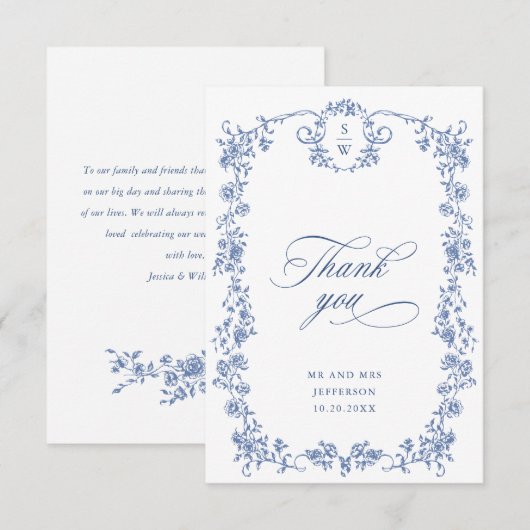 Victoriaans  Grace Floral Dusty Blue Wedding Bedankkaart (Voorkant / Achterkant)