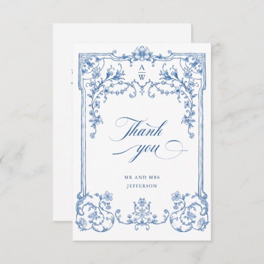 Victoriaans  Grace Floral Dusty Blue Wedding Bedankkaart (Voorkant / Achterkant)