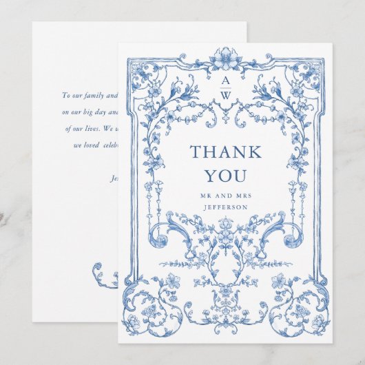 Victoriaans  Grace Floral Dusty Blue Wedding Bedankkaart (Voorkant / Achterkant)