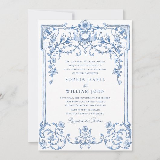 Victoriaans  Grace Floral Dusty Blue Wedding Kaart (Voorkant)