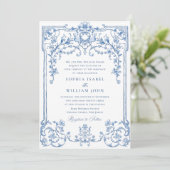 Victoriaans  Grace Floral Dusty Blue Wedding Kaart (Staand voorkant)