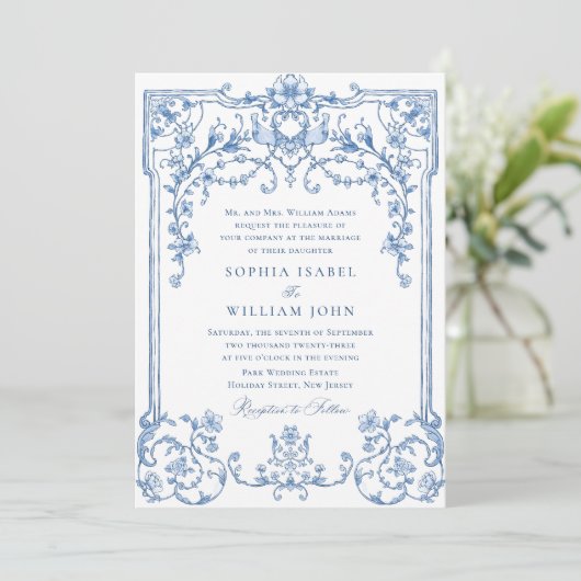 Victoriaans  Grace Floral Dusty Blue Wedding Kaart (Staand voorkant)