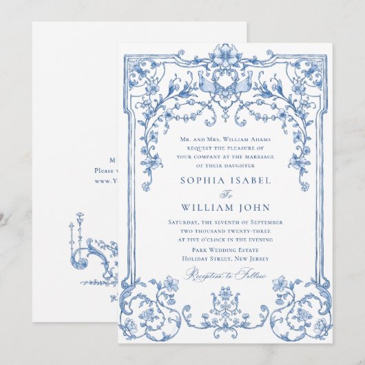 Victoriaans  Grace Floral Dusty Blue Wedding Kaart (Voorkant / Achterkant)