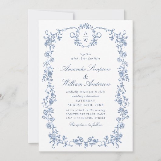 Victoriaans  Grace Floral Dusty Blue Wedding Kaart (Voorkant)