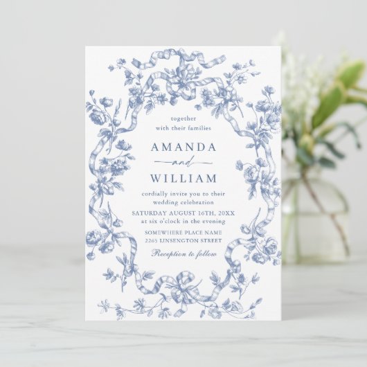Victoriaans  Grace Floral Dusty Blue Wedding Kaart (Staand voorkant)