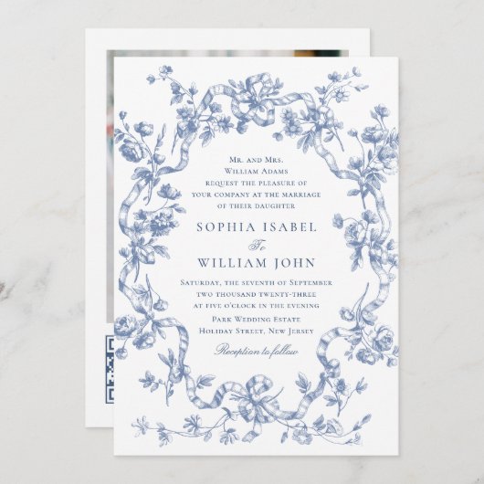 Victoriaans  Grace Floral Dusty Blue Wedding Kaart (Voorkant / Achterkant)