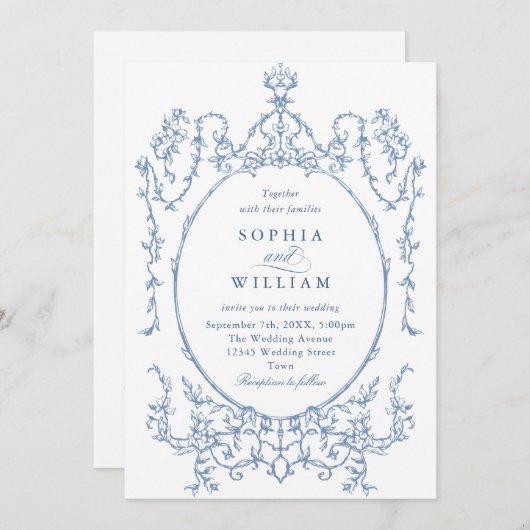 Victoriaans Grace Floral Dusty Blue Wedding Kaart (Voorkant / Achterkant)