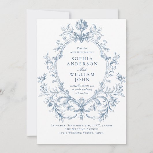 Victoriaans Grace Floral Dusty Blue Wedding Kaart (Voorkant)