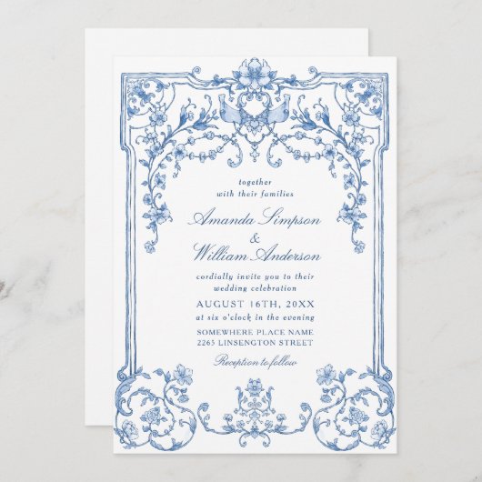 Victoriaans  Grace Floral Dusty Blue Wedding Kaart (Voorkant / Achterkant)