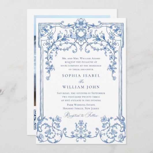 Victoriaans  Grace Floral Dusty Blue Wedding Kaart (Voorkant / Achterkant)