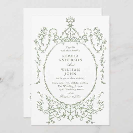 Victoriaans Grace Floral Dusty Blue Wedding Kaart (Voorkant / Achterkant)