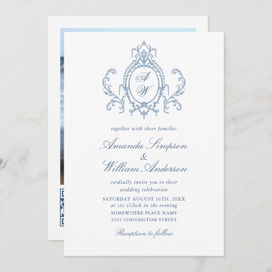 Victoriaans  Grace Floral Dusty Blue Wedding Kaart (Voorkant / Achterkant)
