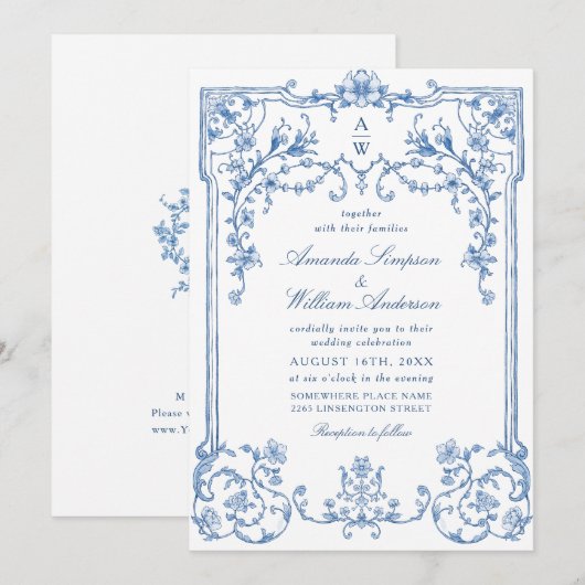 Victoriaans  Grace Floral Dusty Blue Wedding Kaart (Voorkant / Achterkant)