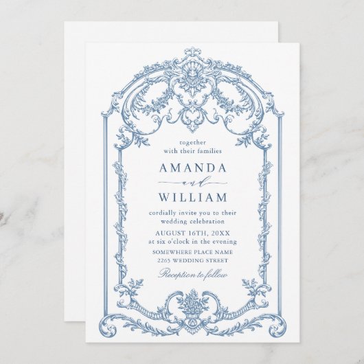 Victoriaans  Grace Floral Dusty Blue Wedding Kaart (Voorkant / Achterkant)