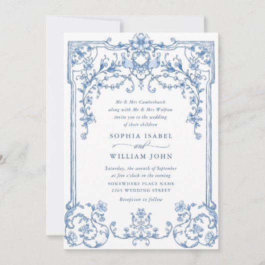 Victoriaans  Grace Floral Dusty Blue Wedding Kaart (Voorkant)