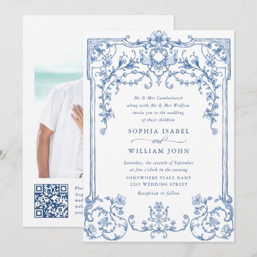 Victoriaans  Grace Floral Dusty Blue Wedding Kaart (Voorkant / Achterkant)