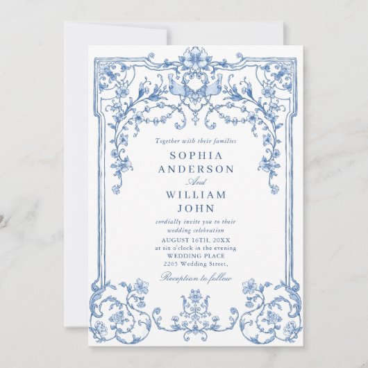 Victoriaans  Grace Floral Dusty Blue Wedding Kaart (Voorkant)