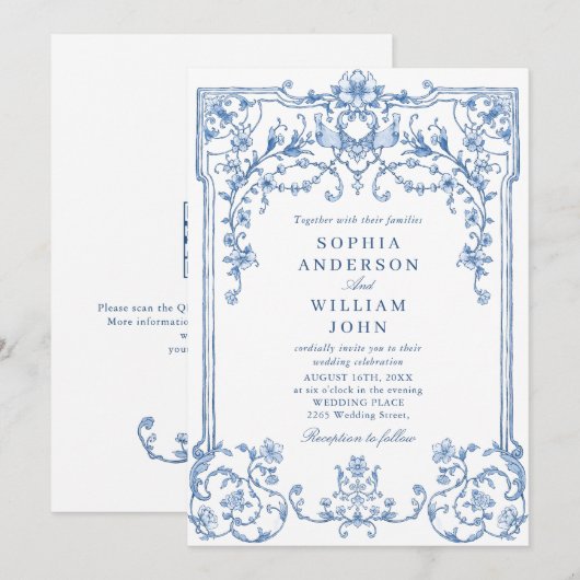 Victoriaans  Grace Floral Dusty Blue Wedding Kaart (Voorkant / Achterkant)