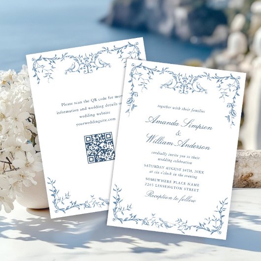 Victoriaans  Grace Floral Dusty Blue Wedding Kaart