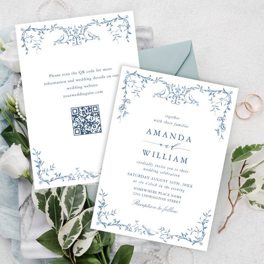 Victoriaans  Grace Floral Dusty Blue Wedding Kaart