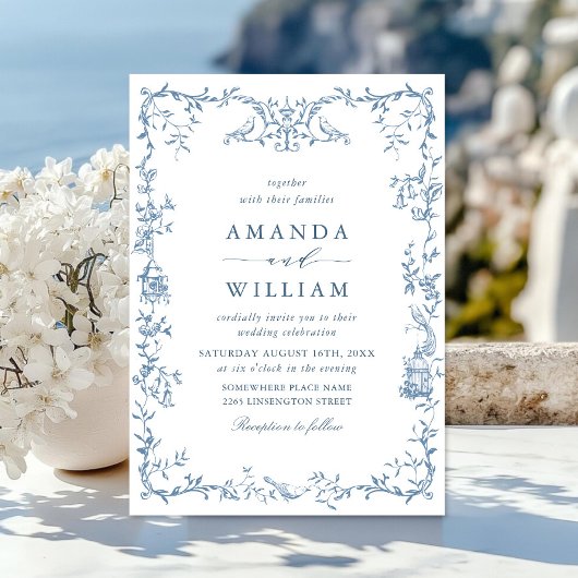 Victoriaans Grace Floral Dusty Blue Wedding Kaart