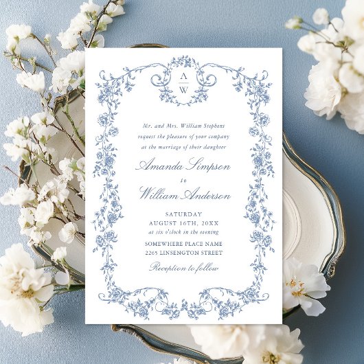 Victoriaans  Grace Floral Dusty Blue Wedding Kaart