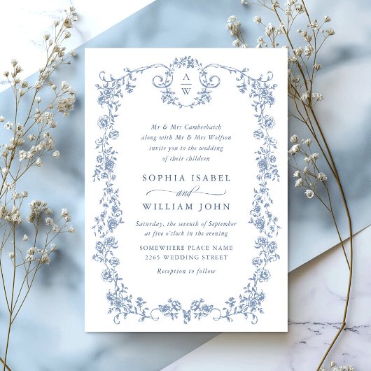 Victoriaans  Grace Floral Dusty Blue Wedding Kaart