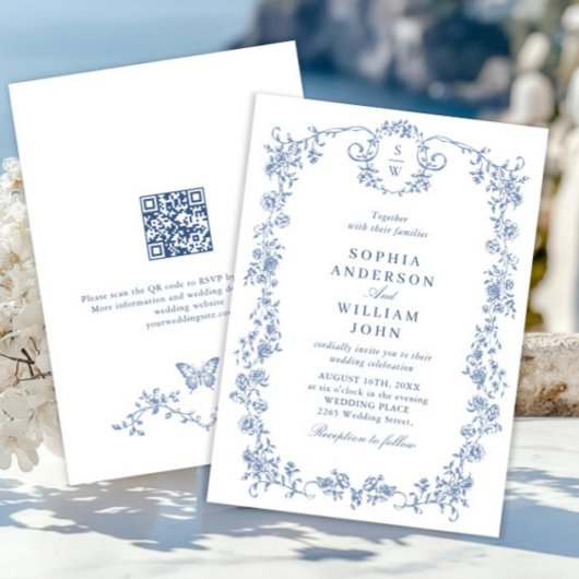 Victoriaans Grace Floral Dusty Blue Wedding Kaart